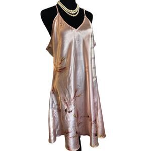 Satin Crane Print Slip Dress Nightgown Pink XL Coquette Chinoiserie
